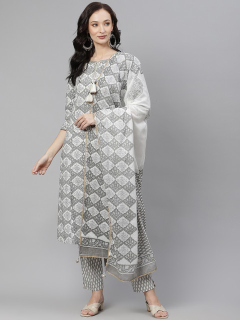 

PIROH Women Grey & White Ethnic Motifs Printed Pure Cotton Kurta with Trousers & Dupatta