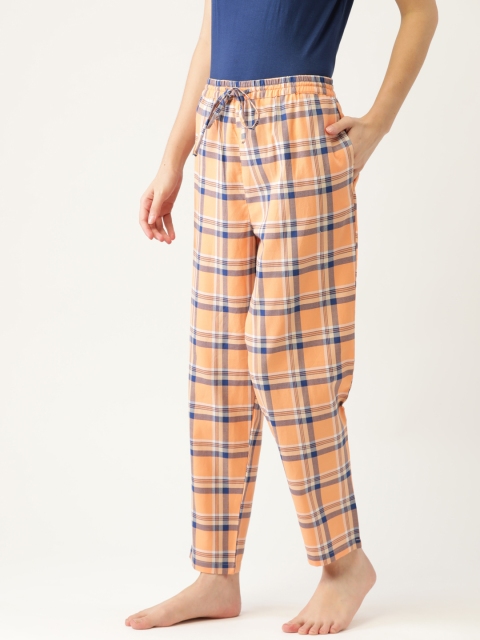 

ETC Women Pure Cotton Orange & Blue Checked Lounge Pants