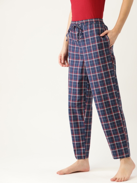 

ETC Women Pure Cotton Navy Blue & Red Checked Lounge Pants