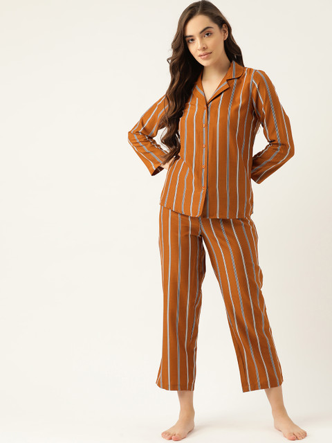 

ETC Women Mustard Brown & White Striped Nightsuit