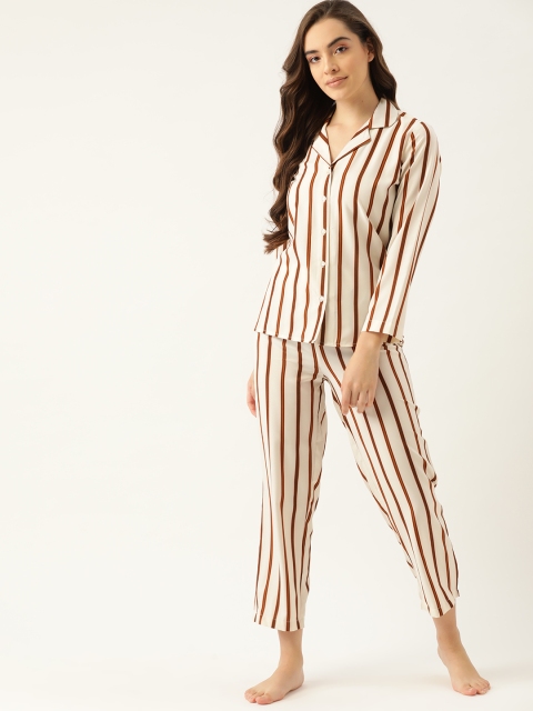 

ETC Women Cream-Coloured & Brown Striped Night suit