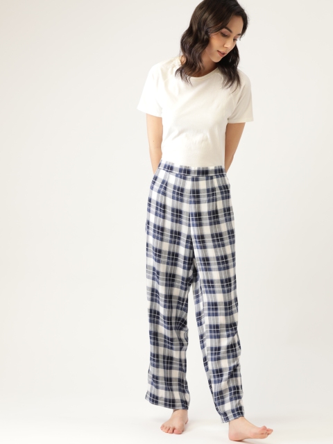 

ETC Women Pure Cotton Maroon & Off-White Checked Lounge Pants, Navy blue