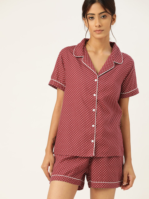 

ETC Women Maroon & Off-White Polka Dots Print Shorts Set