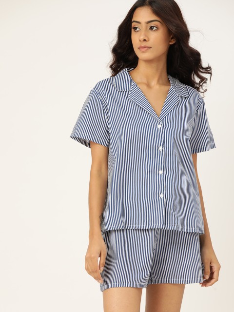 

ETC Women Navy Blue & White Striped Night suit