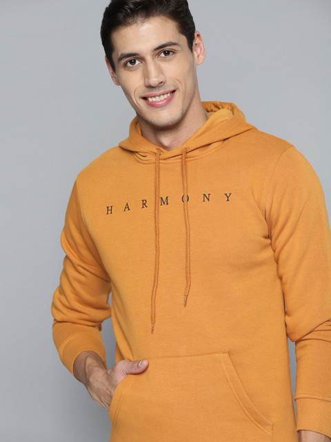 

Mast & Harbour Men Mustard Yellow Embroidered Hooded Sweatshirt