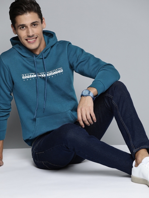 

Mast & Harbour Men Teal Blue Printed Hooded Sweatshirt