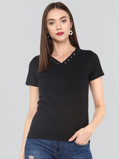 

The Dry State Women Black Solid V-Pure Cotton Solid Stylized V-Neck T-shirt