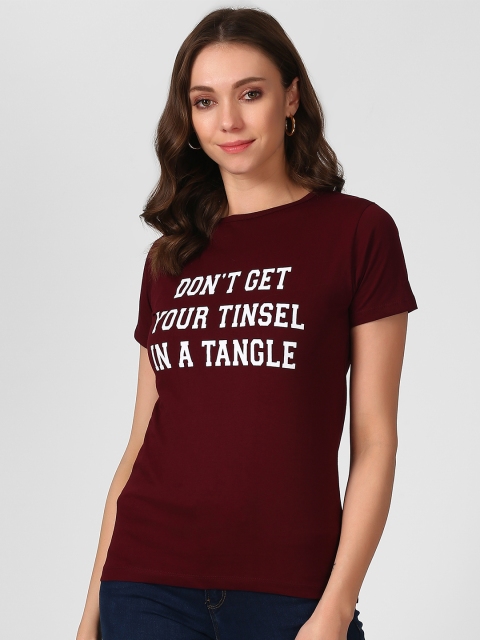 

The Dry State Women Maroon & White Pure Cotton Printed Round Neck T-shirt