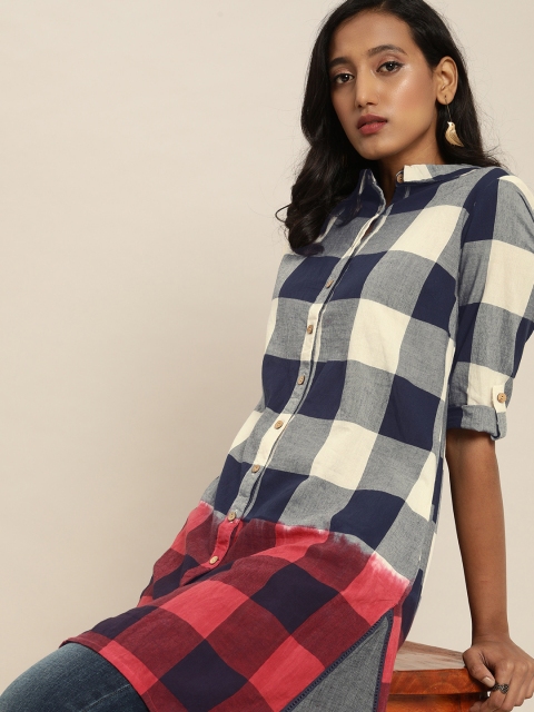 

Taavi Women Off White & Navy Blue Lambani Checked Pure Cotton Sustainable Kurta