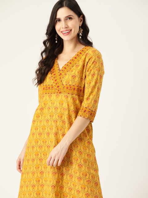 

Taavi Women Mustard Yellow & Red Ethnic Print A-Line Kurta
