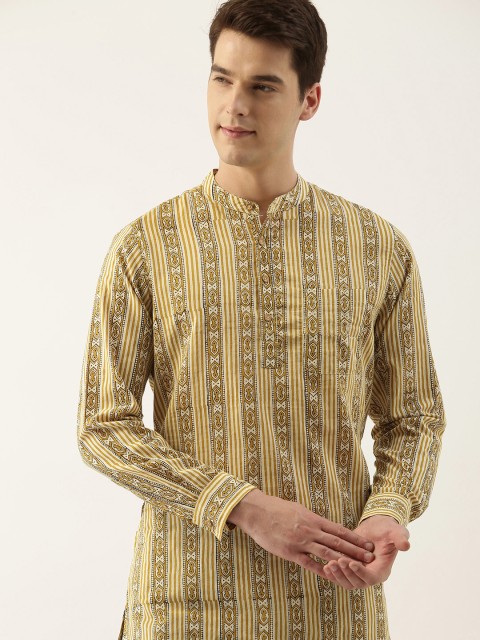 

Taavi Men Mustard Yellow & Beige Bagru Hand Block Printed Sustainable Kurta
