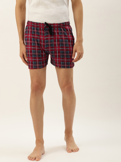 

Rodzen Men Red & Navy Blue Checked Cotton Lounge Shorts