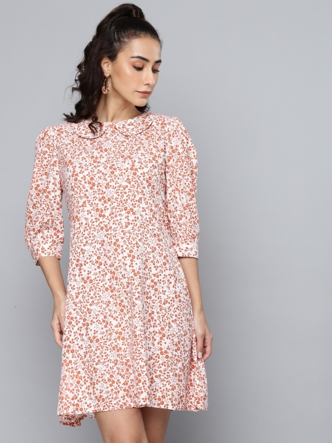 

SCOUP White & Rust Orange Floral Print Peter Pan Collar A-Line Dress