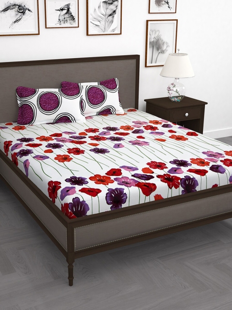 

Story@home White & Purple Floral Cotton 1 King Bedsheet with 2 Pillow Covers