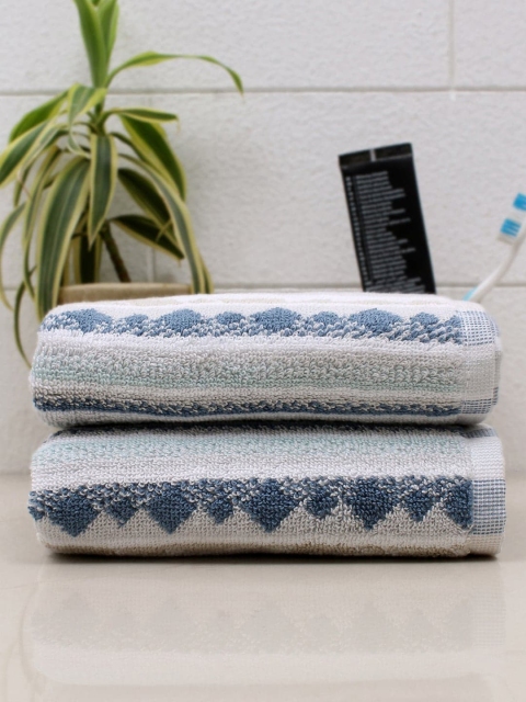 

AVI Living Set Of 2 Blue & Grey Self Striped 600 GSM Cotton Hand Towels