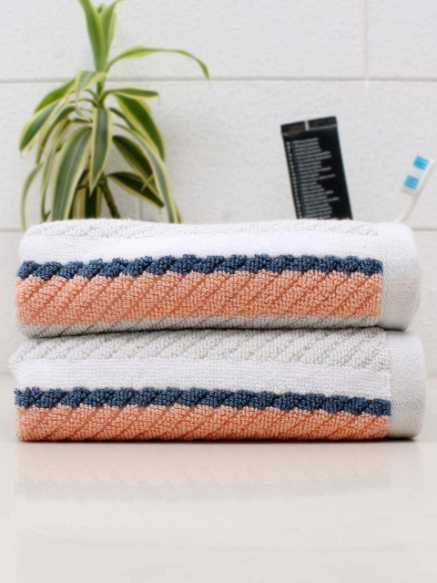 

AVI Living Set Of 2 Coral-Coloured & White Striped 550 GSM Cotton Hand Towels