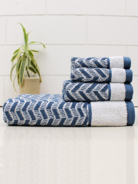 

AVI Living Unisex Set Of 4 Navy Blue & White Printed 550 GSM Cotton Towels