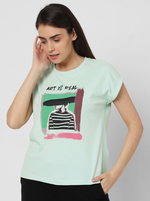 

Vero Moda Women Sea Green Printed Pure Cotton T-shirt