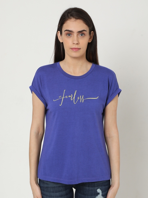 

Vero Moda Women Navy Blue Typography Printed Extended Sleeves Pure Cotton T-shirt
