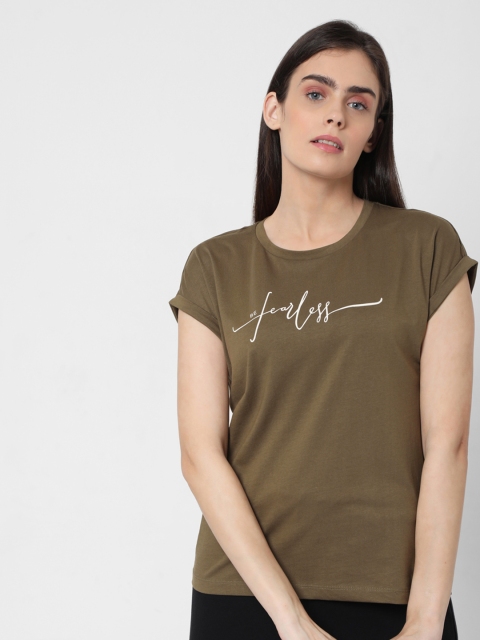 

Vero Moda Women Olive Green Typography Printed Extended Sleeves Pure Cotton T-shirt