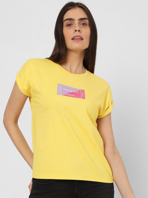 

Vero Moda Women Yellow Typography Printed Extended Sleeves Pure Cotton T-shirt