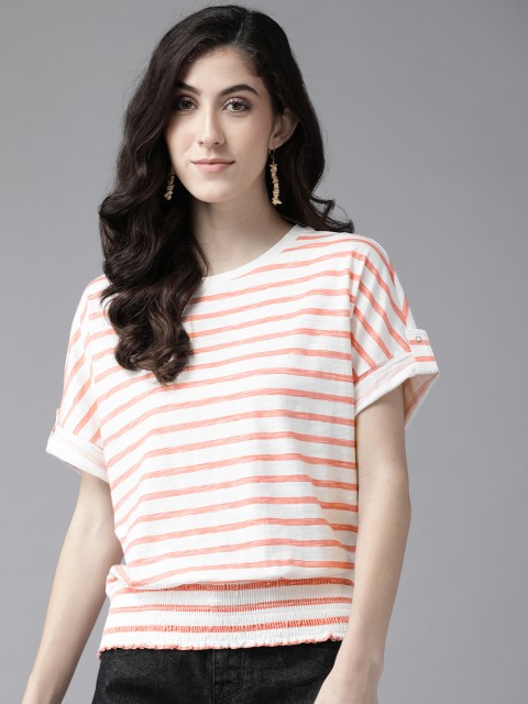 

Vero Moda White & Pink Pure Cotton Striped Roll-Up Sleeves Blouson Top