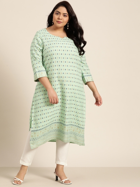 

Sztori Women Plus Size Green & Navy Blue Ethnic Motifs Printed Straight Kurta