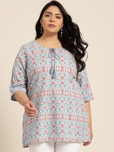 

Sztori Plus Size Blue & Orange Ethnic Motifs Printed Straight Kurti