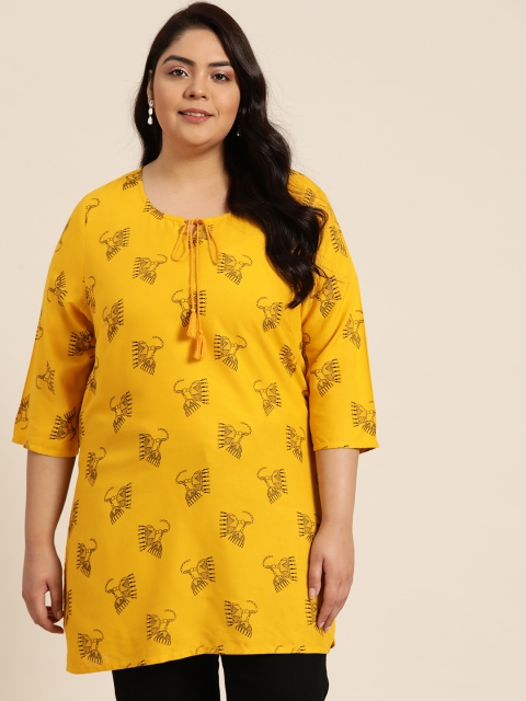 

Sztori Plus Size Mustard Yellow & Black Jhumka Print Straight Kurti
