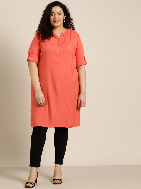 

Sztori Women Plus Size Coral Orange Solid Straight Kurta
