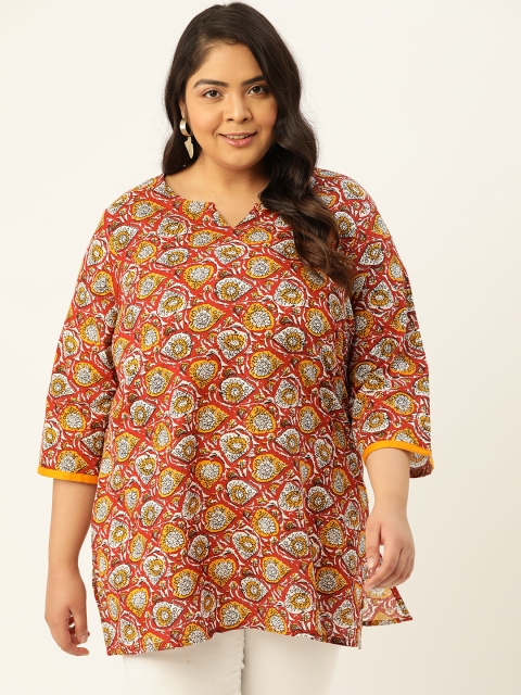 

Sztori Women Plus Size Maroon & White Printed Pure Cotton Straight Kurti