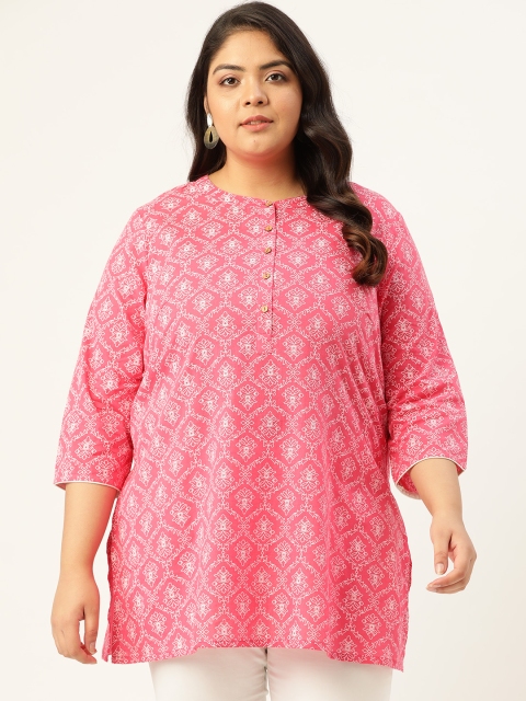 

Sztori Plus Size Pink & White Ethnic Motifs Printed Pure Cotton Kurti