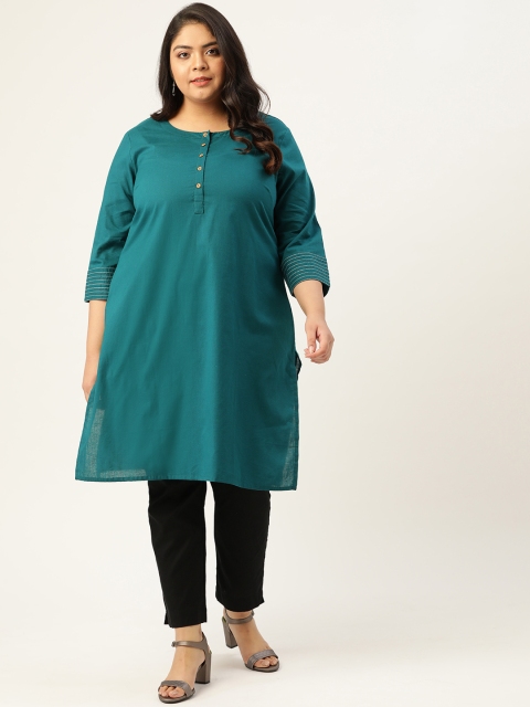 

Sztori Women Plus Size Teal Green Pure Cotton Solid Straight Kurta