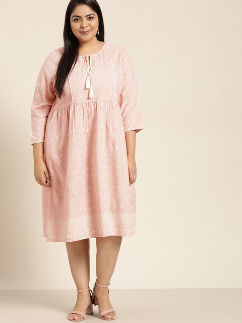 

Sztori Women Plus Size Pink & Off White Ethnic Motifs A-Line Midi Dress