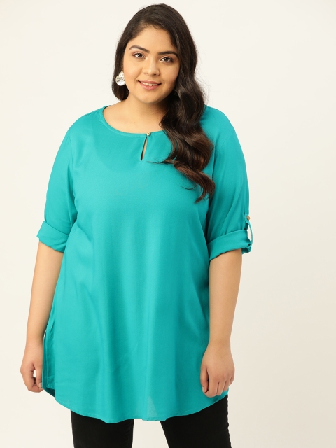 

Sztori Women Plus Size Turquoise Blue Solid Curved Hem Straight Kurti