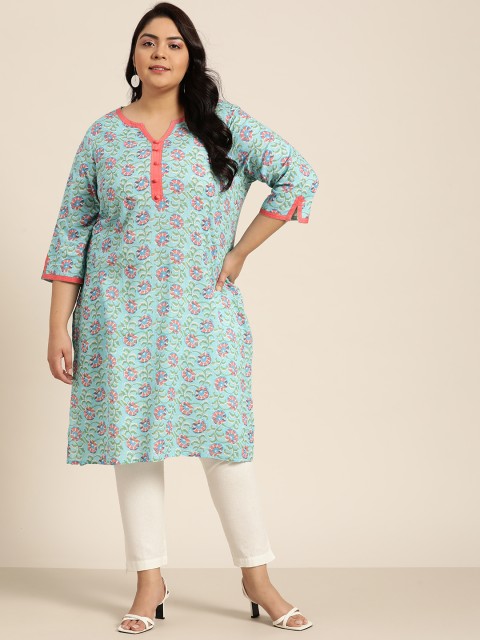 

Sztori Women Plus Size Blue & Pink Ethnic Motifs Printed Pure Cotton Straight Kurta