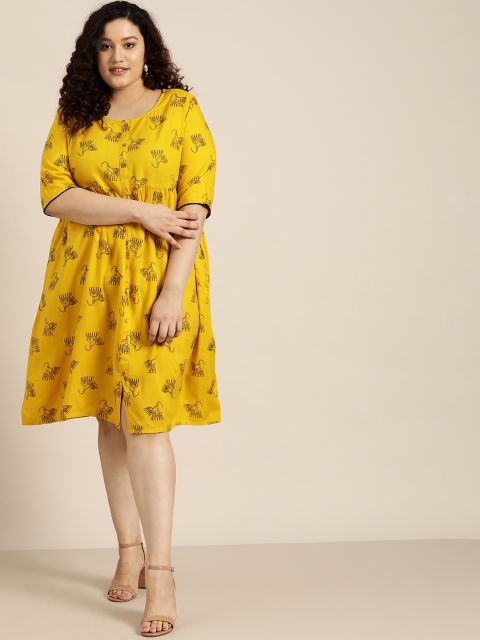 

Sztori Women Plus Size Mustard Yellow & Black Ethnic Motifs A-Line Midi Dress
