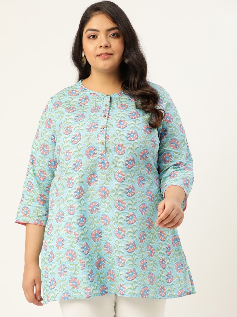 

Sztori Plus Size Blue & Pink Ethnic Motifs Printed Pure Cotton Kurti