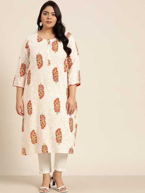 

Sztori Women Plus Size Off-White & Red Ethnic Motifs Printed Straight Kurta