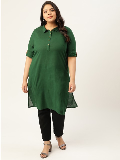 

Sztori Women Plus Size Green Pure Cotton Solid Straight Kurta