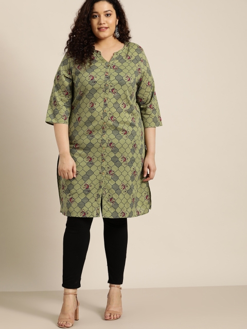 

Sztori Women Plus Size Olive Green & Blue Pure Cotton Ethnic Motifs Print Straight Kurta