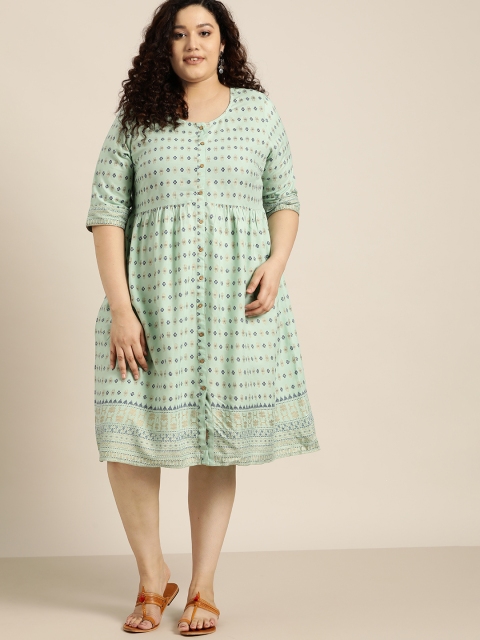 

Sztori Women Plus Size Blue & Navy Blue Ethnic Print A-Line Midi Dress