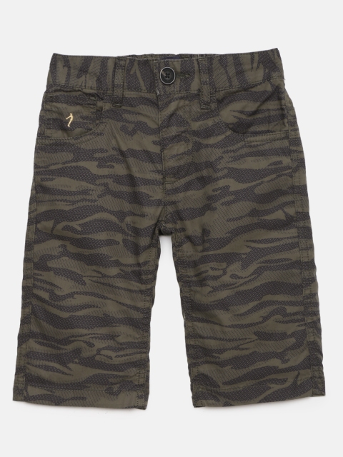 

Indian Terrain Boys Olive Green & Brown Camouflage Printed Pure Cotton Regular Shorts