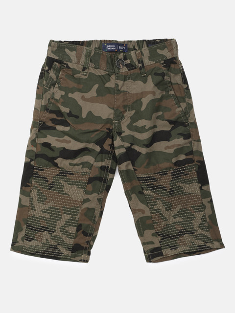 

Indian Terrain Boys Olive Camouflage Printed Slim Fit Mid-Rise Pure Cotton Cargo Shorts