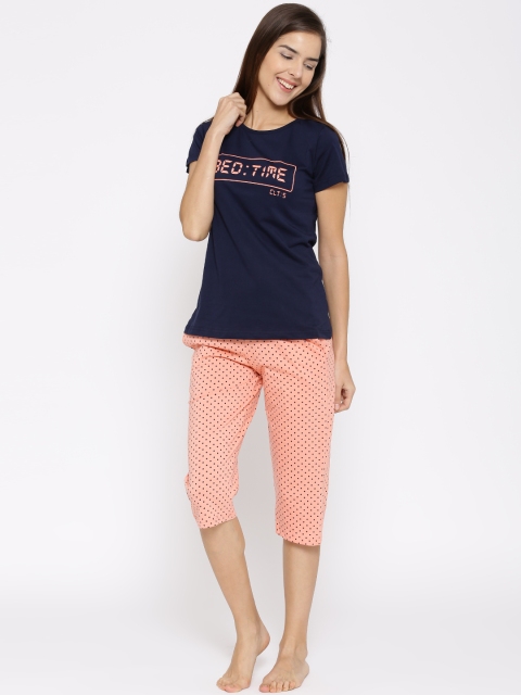 

Clt.s Navy & Peach-Coloured Dot Print Nightsuit C278, Navy blue