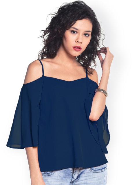 

Besiva Navy Cold Shoulder Top with Sheer Back, Navy blue