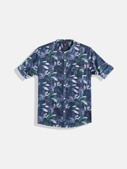 

Indian Terrain Boys Navy Blue & Green Tropical Print Pure Cotton Casual Shirt