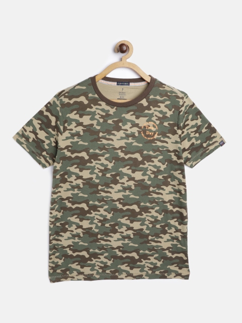 

Indian Terrain Boys Olive Green & Camel Brown Pure Cotton Camouflage Print T-shirt
