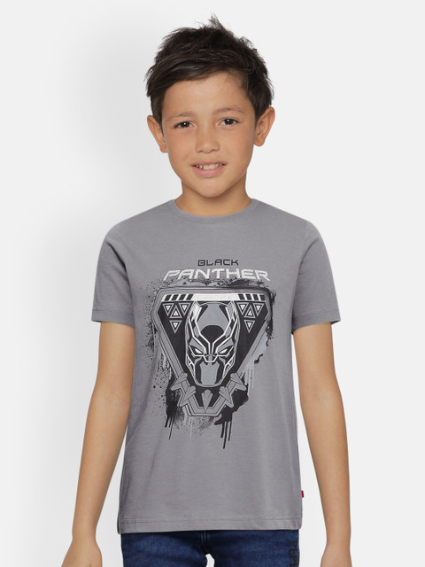 

Indian Terrain Boys Grey Black Panther Printed Pure Cotton T-shirt
