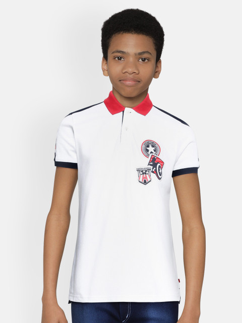 

Indian Terrain Boys White Navy Blue Pure Cotton Printed Polo Collar Pure Cotton T-shirt